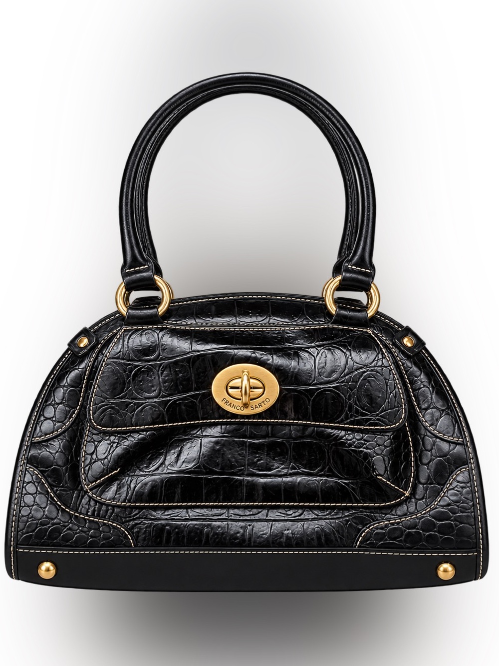 Vintage Franco Sarto Y2K Black Genuine Leather Croc Embossed Satchel Bag
